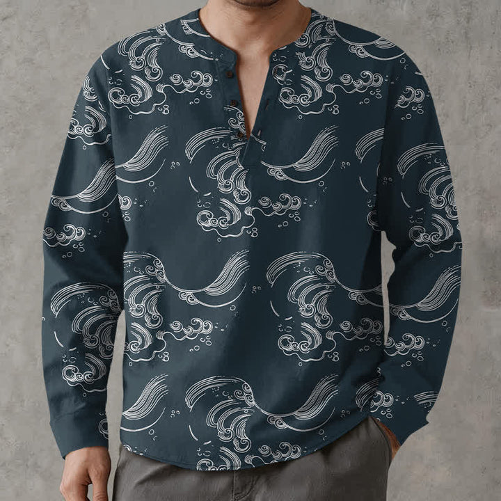 Buddha Stones Cotton Cloud Wave Pattern V-Neck Buttons Men's Long Sleeve Shirts - image 15