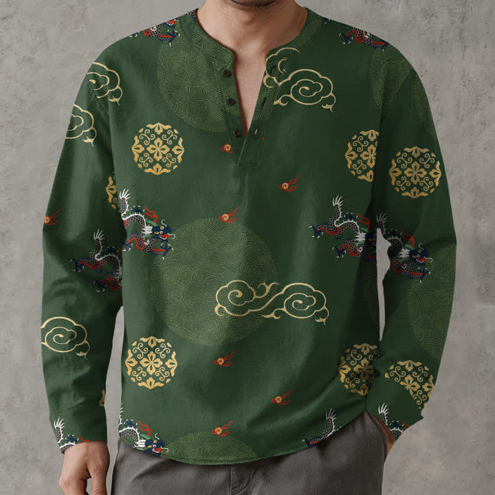 Buddha Stones Cotton Dragon Cloud Pattern V-Neck Buttons Men's Long Sleeve Shirts - MediumSeaGreen - US/UK/AU48，EU58 (4XL) - image 0
