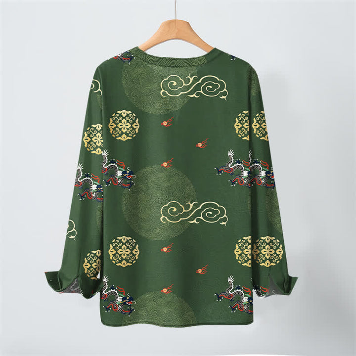 Buddha Stones Cotton Dragon Cloud Pattern V-Neck Buttons Men's Long Sleeve Shirts - image 3