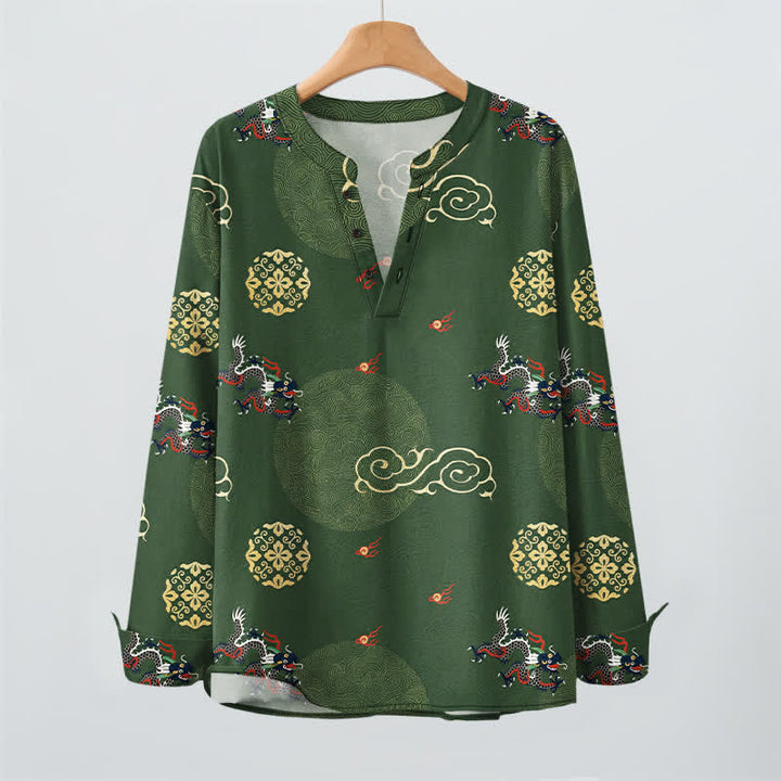 Buddha Stones Cotton Dragon Cloud Pattern V-Neck Buttons Men's Long Sleeve Shirts - image 2