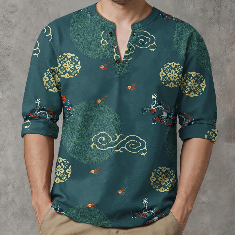 Buddha Stones Cotton Dragon Cloud Pattern V-Neck Buttons Men's Long Sleeve Shirts - image 8