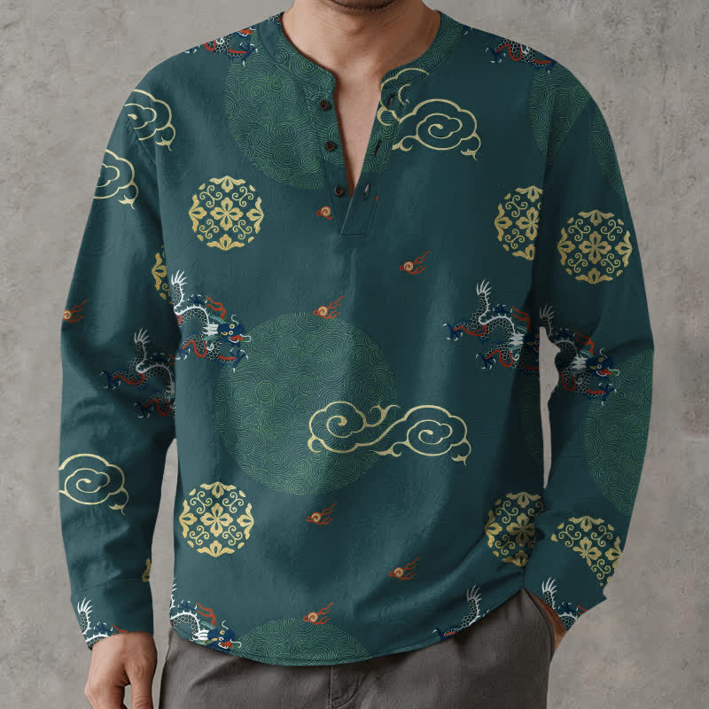 Buddha Stones Cotton Dragon Cloud Pattern V-Neck Buttons Men's Long Sleeve Shirts - Teal - US/UK/AU48，EU58 (4XL) - image 7