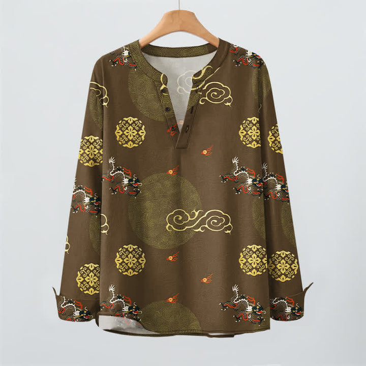 Buddha Stones Cotton Dragon Cloud Pattern V-Neck Buttons Men's Long Sleeve Shirts - image 16