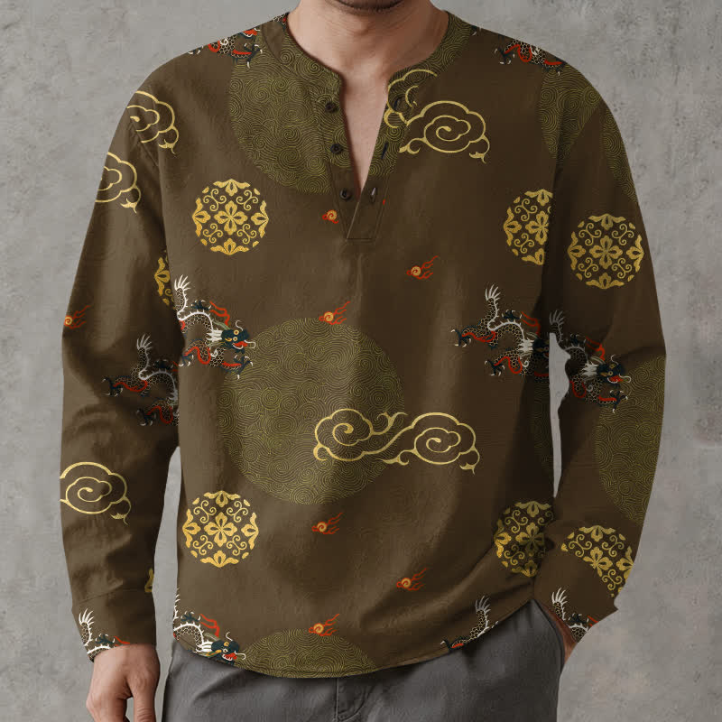 Buddha Stones Cotton Dragon Cloud Pattern V-Neck Buttons Men's Long Sleeve Shirts - Olive - US/UK/AU48，EU58 (4XL) - image 14