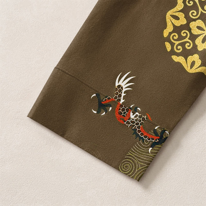 Buddha Stones Cotton Dragon Cloud Pattern V-Neck Buttons Men's Long Sleeve Shirts - image 19