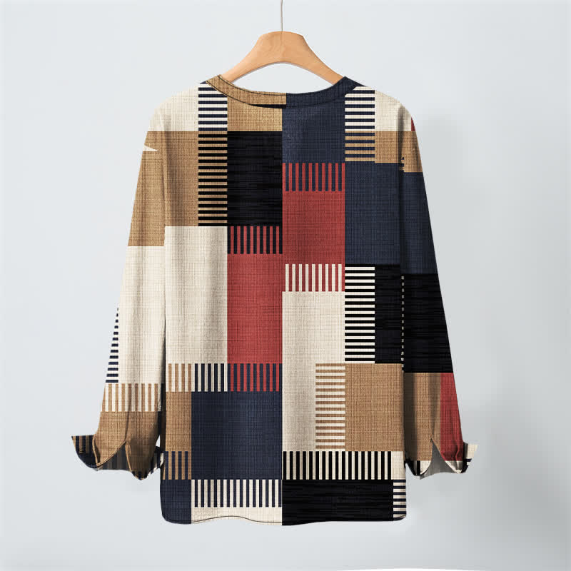 Buddha Stones Cotton Retro Geometric Patchwork Pattern V-Neck Buttons Men's Long Sleeve Shirts - image 3