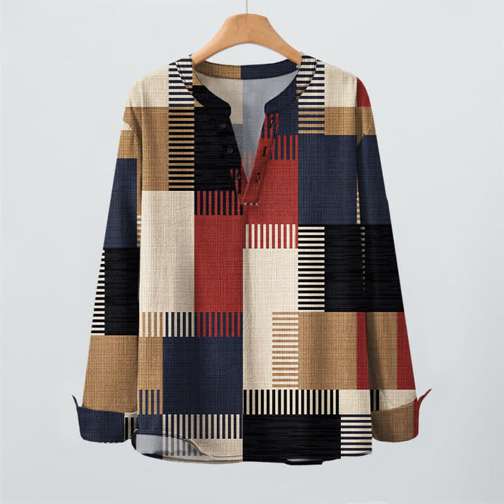 Buddha Stones Cotton Retro Geometric Patchwork Pattern V-Neck Buttons Men's Long Sleeve Shirts - image 2