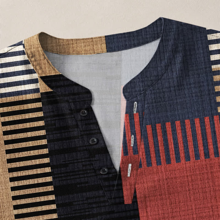 Buddha Stones Cotton Retro Geometric Patchwork Pattern V-Neck Buttons Men's Long Sleeve Shirts - image 4