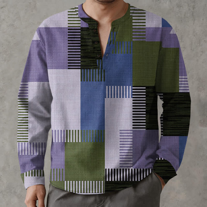 Buddha Stones Cotton Retro Geometric Patchwork Pattern V-Neck Buttons Men's Long Sleeve Shirts - image 8
