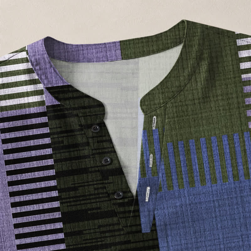 Buddha Stones Cotton Retro Geometric Patchwork Pattern V-Neck Buttons Men's Long Sleeve Shirts - image 11