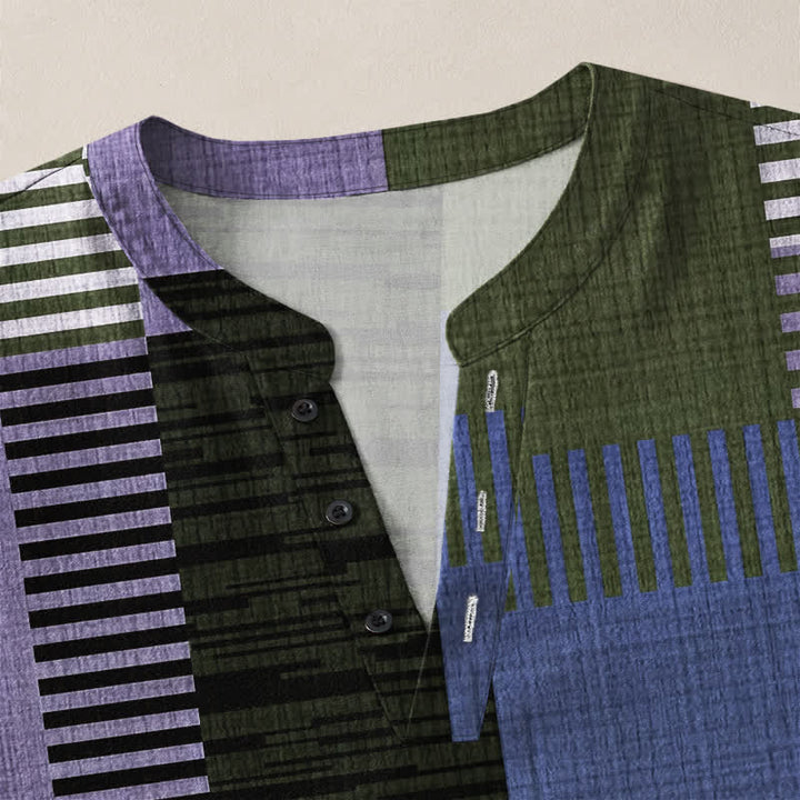 Buddha Stones Cotton Retro Geometric Patchwork Pattern V-Neck Buttons Men's Long Sleeve Shirts - image 11