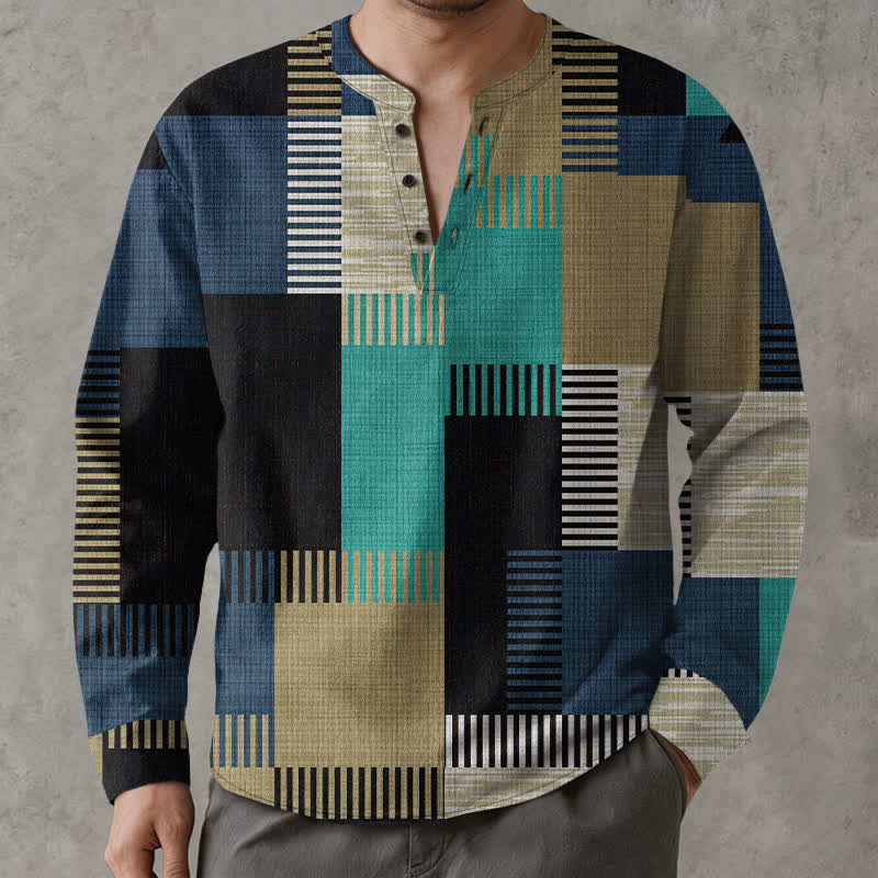 Buddha Stones Cotton Retro Geometric Patchwork Pattern V-Neck Buttons Men's Long Sleeve Shirts - image 15