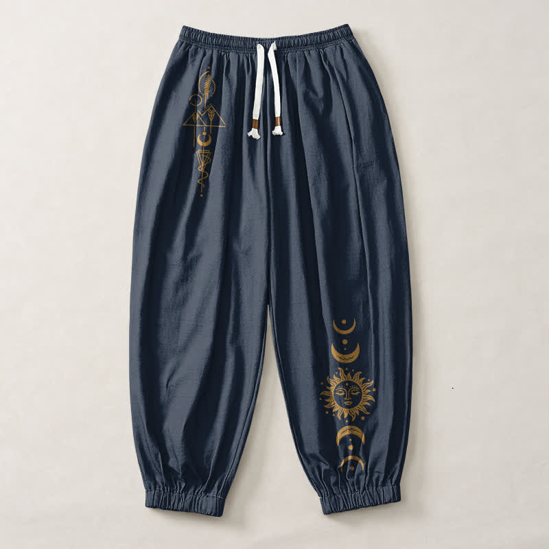 Buddha Stones Pure Cotton Moon Phase Sun Pattern Drawstring Men's Harem Pants With Pockets - image 7