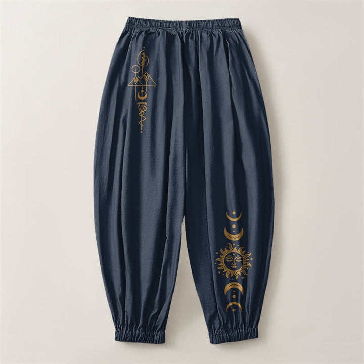 Buddha Stones Pure Cotton Moon Phase Sun Pattern Drawstring Men's Harem Pants With Pockets - image 8