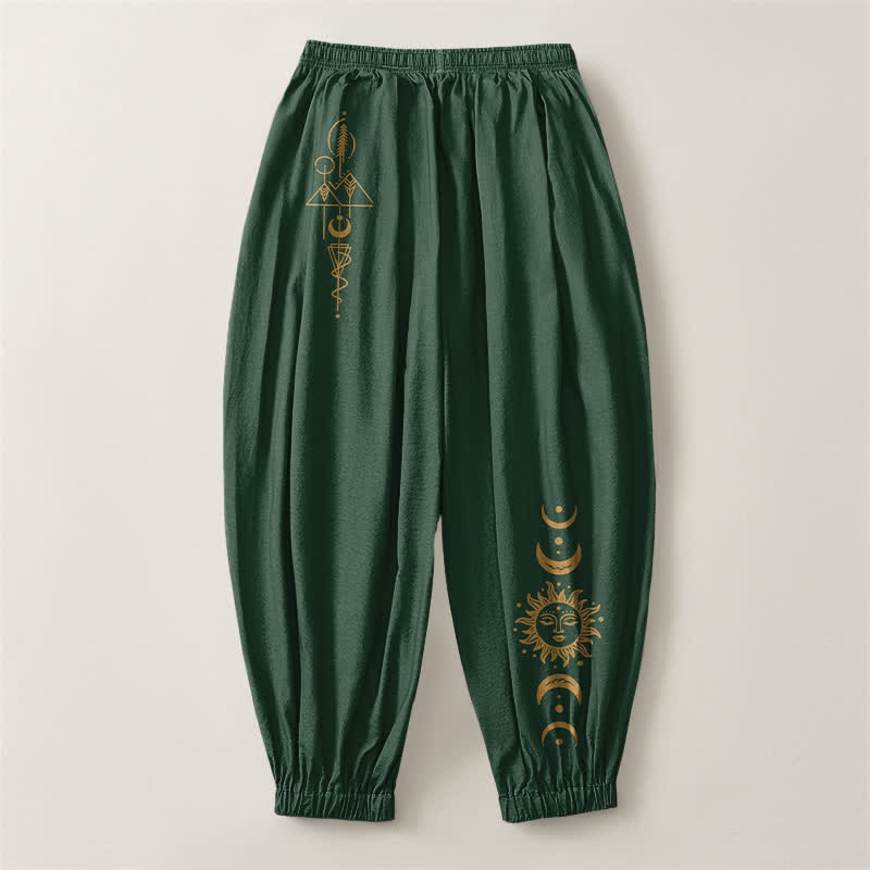 Buddha Stones Pure Cotton Moon Phase Sun Pattern Drawstring Men's Harem Pants With Pockets - image 14