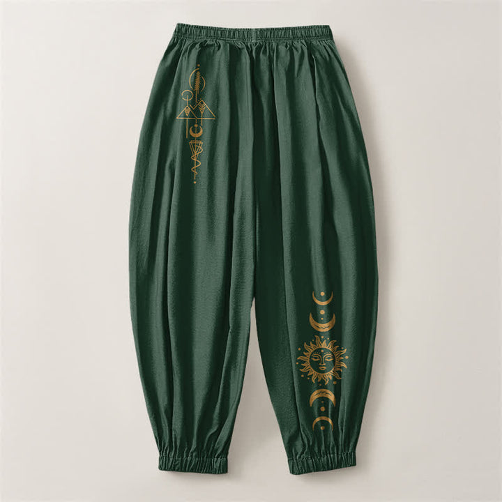 Buddha Stones Pure Cotton Moon Phase Sun Pattern Drawstring Men's Harem Pants With Pockets - image 14