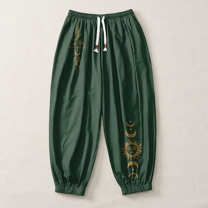 Buddha Stones Pure Cotton Moon Phase Sun Pattern Drawstring Men's Harem Pants With Pockets - image 13