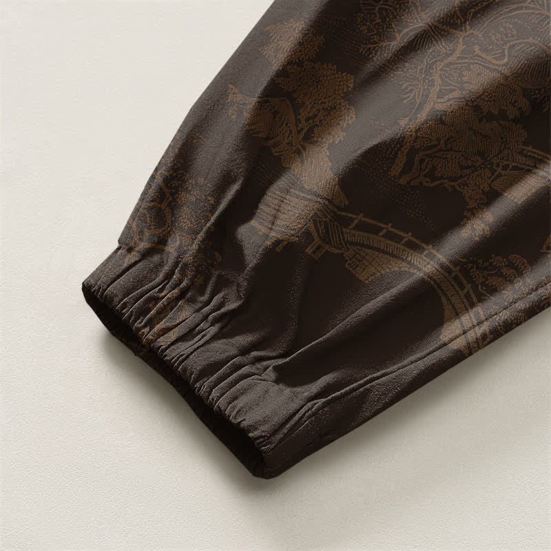 Buddha Stones Pure Cotton Vintage Shadow Stripe Pattern Drawstring Men's Harem Pants With Pockets - image 4