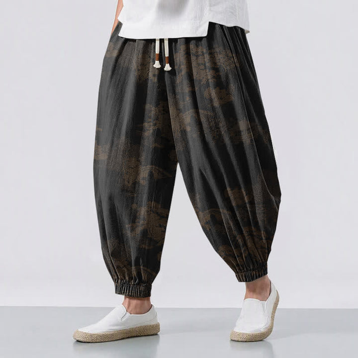 Buddha Stones Pure Cotton Vintage Shadow Stripe Pattern Drawstring Men's Harem Pants With Pockets - Black - US/UK/AU50，EU60 (5XL) - image 12