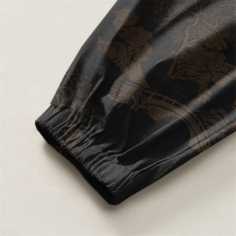 Buddha Stones Pure Cotton Vintage Shadow Stripe Pattern Drawstring Men's Harem Pants With Pockets - image 16