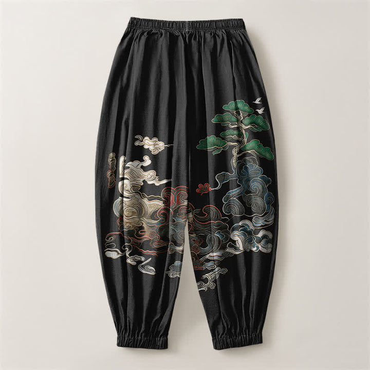 Buddha Stones Pure Cotton Auspicious Cloud Pine Pattern Drawstring Men's Harem Pants With Pockets - image 2