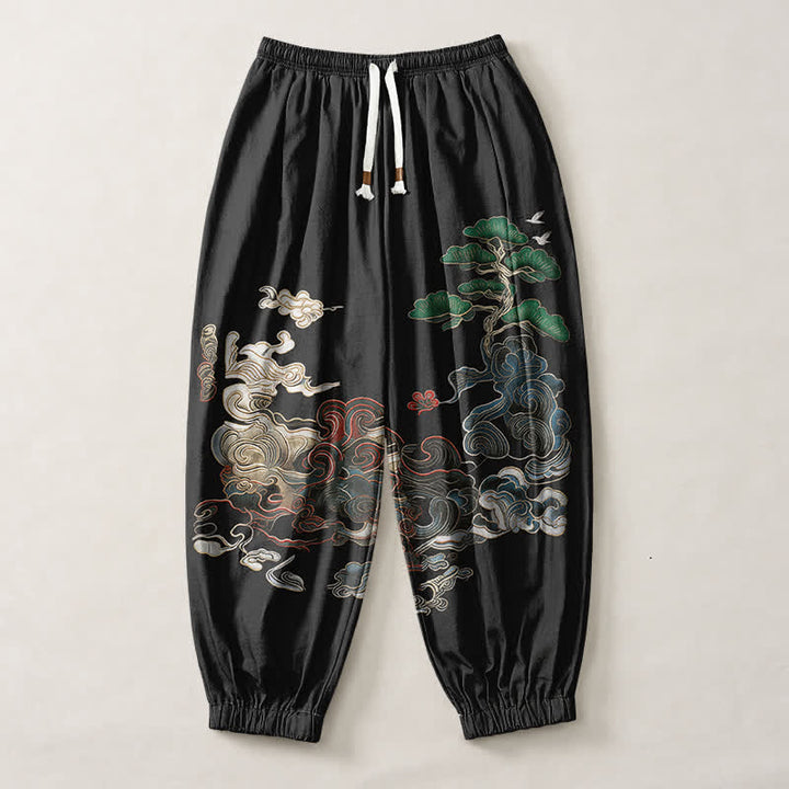 Buddha Stones Pure Cotton Auspicious Cloud Pine Pattern Drawstring Men's Harem Pants With Pockets - image 1