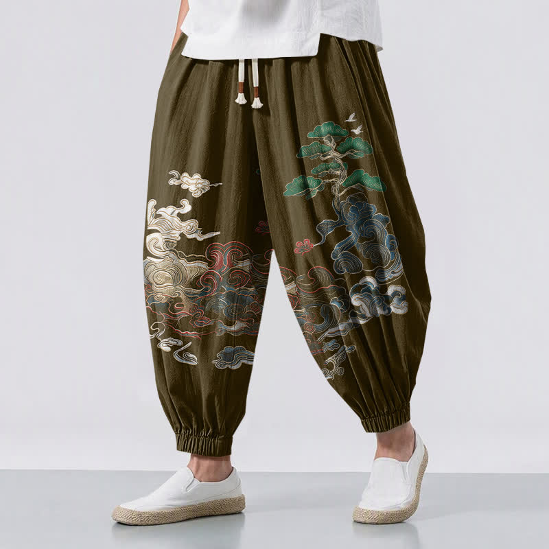 Buddha Stones Pure Cotton Auspicious Cloud Pine Pattern Drawstring Men's Harem Pants With Pockets - Olive - US/UK/AU50，EU60 (5XL) - image 6