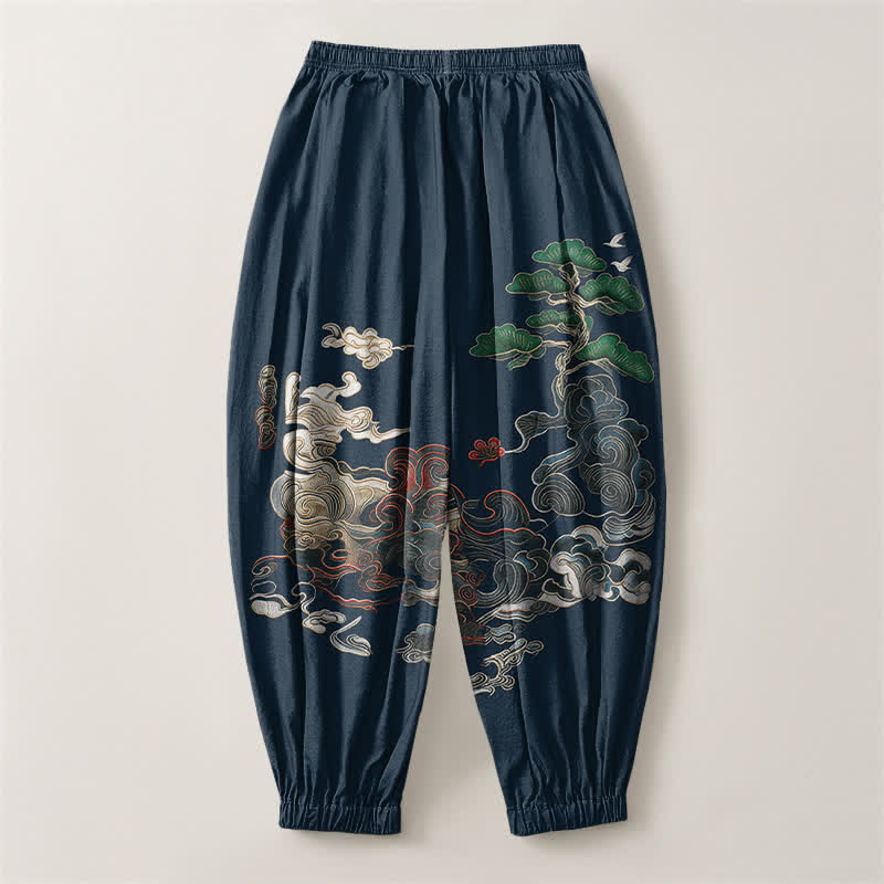 Buddha Stones Pure Cotton Auspicious Cloud Pine Pattern Drawstring Men's Harem Pants With Pockets - image 14