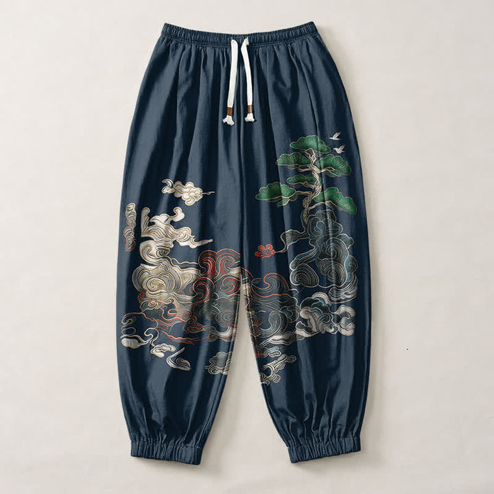 Buddha Stones Pure Cotton Auspicious Cloud Pine Pattern Drawstring Men's Harem Pants With Pockets - image 13