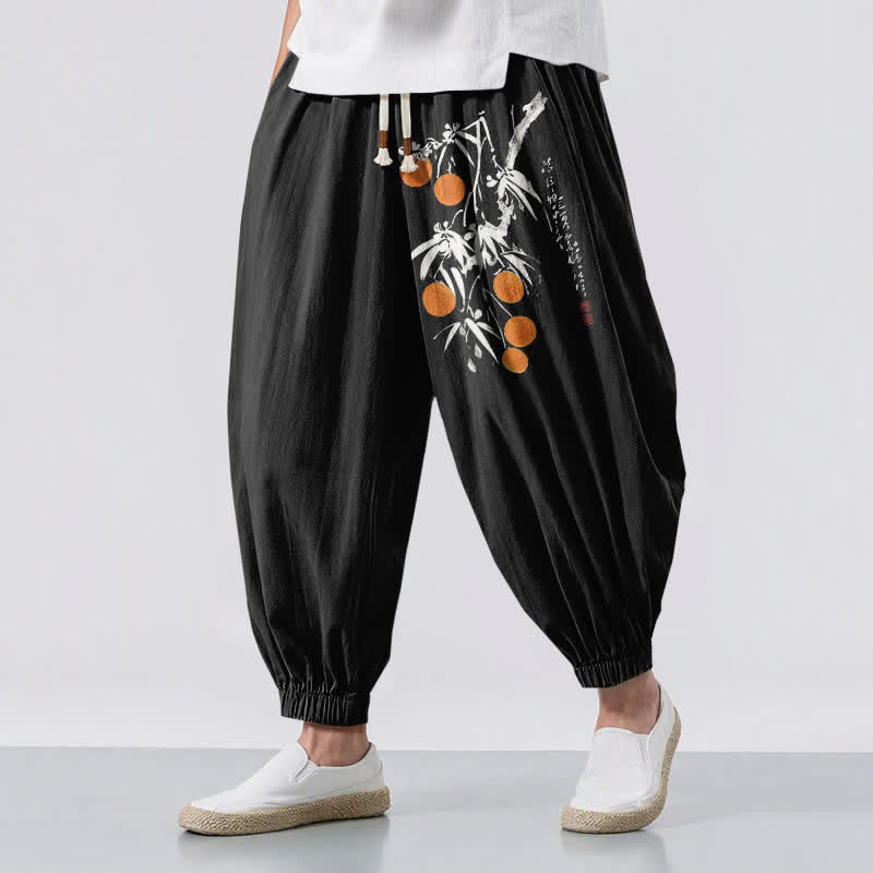 Buddha Stones Pure Cotton Bamboo Branch Pattern Drawstring Men's Harem Pants With Pockets - Black - US/UK/AU50，EU60 (5XL) - image 0