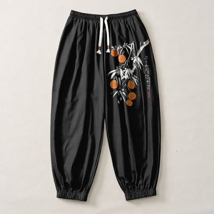 Buddha Stones Pure Cotton Bamboo Branch Pattern Drawstring Men's Harem Pants With Pockets - image 1