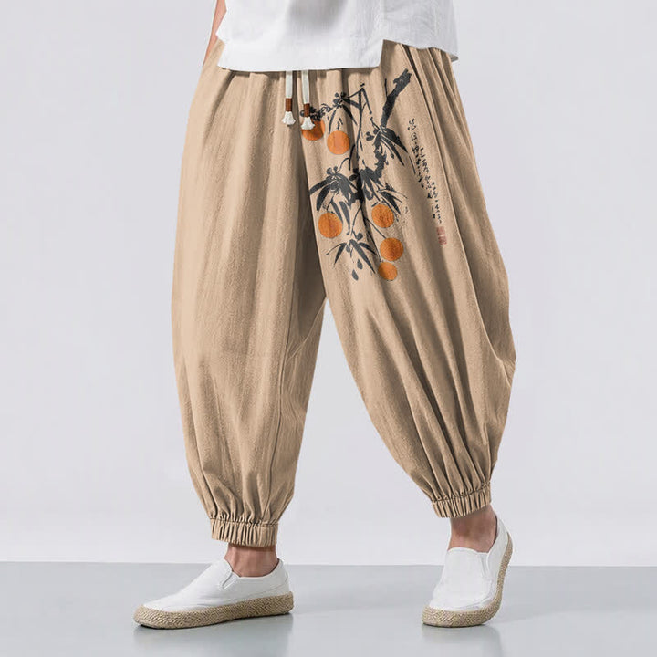 Buddha Stones Pure Cotton Bamboo Branch Pattern Drawstring Men's Harem Pants With Pockets - Tan - US/UK/AU50，EU60 (5XL) - image 6
