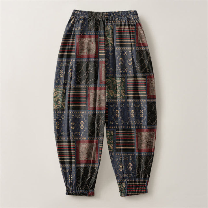 Buddha Stones Pure Cotton Geometric Plaid Pattern Drawstring Men's Harem Pants With Pockets - image 2