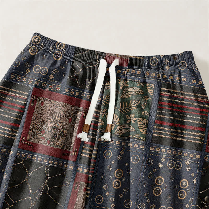 Buddha Stones Pure Cotton Geometric Plaid Pattern Drawstring Men's Harem Pants With Pockets - image 3