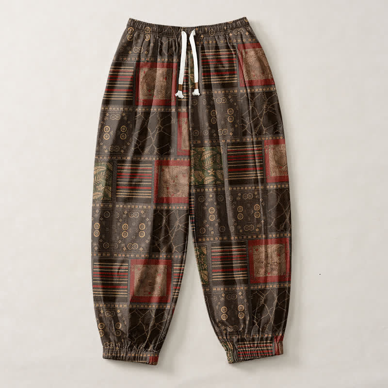 Buddha Stones Pure Cotton Geometric Plaid Pattern Drawstring Men's Harem Pants With Pockets - image 7