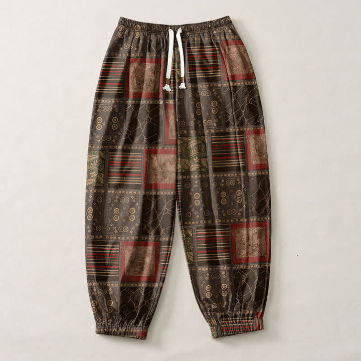 Buddha Stones Pure Cotton Geometric Plaid Pattern Drawstring Men's Harem Pants With Pockets - image 7