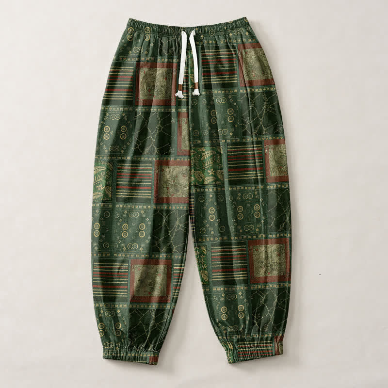 Buddha Stones Pure Cotton Geometric Plaid Pattern Drawstring Men's Harem Pants With Pockets - image 13