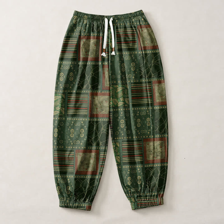 Buddha Stones Pure Cotton Geometric Plaid Pattern Drawstring Men's Harem Pants With Pockets - image 13