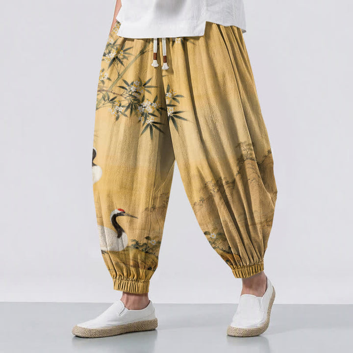 Buddha Stones Pure Cotton Crane Bamboo Blossom Pattern Drawstring Men's Harem Pants With Pockets - Gold - US/UK/AU50，EU60 (5XL) - image 0