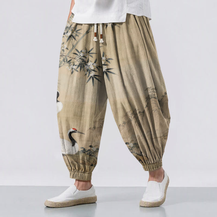 Buddha Stones Pure Cotton Crane Bamboo Blossom Pattern Drawstring Men's Harem Pants With Pockets - PaleGoldenrod - US/UK/AU50，EU60 (5XL) - image 12