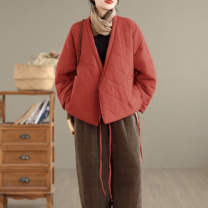 Buddha Stones Fall Winter Casual Minimalist Quilted Design Drawstring Solid Cropped Women's Kimono With Pockets - image 2