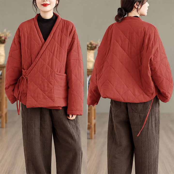 Buddha Stones Fall Winter Casual Minimalist Quilted Design Drawstring Solid Cropped Women's Kimono With Pockets - image 4