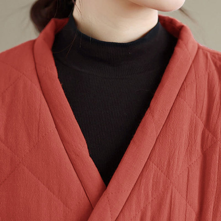 Buddha Stones Fall Winter Casual Minimalist Quilted Design Drawstring Solid Cropped Women's Kimono With Pockets - image 6