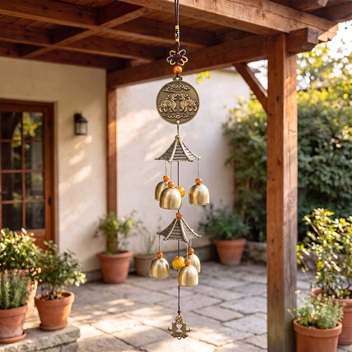 Buddha Stones Two-Tier Solid Copper Pi Xiu Bagua Koi Fish Wealth Bells & Chimes - Pi Xiu - image 0