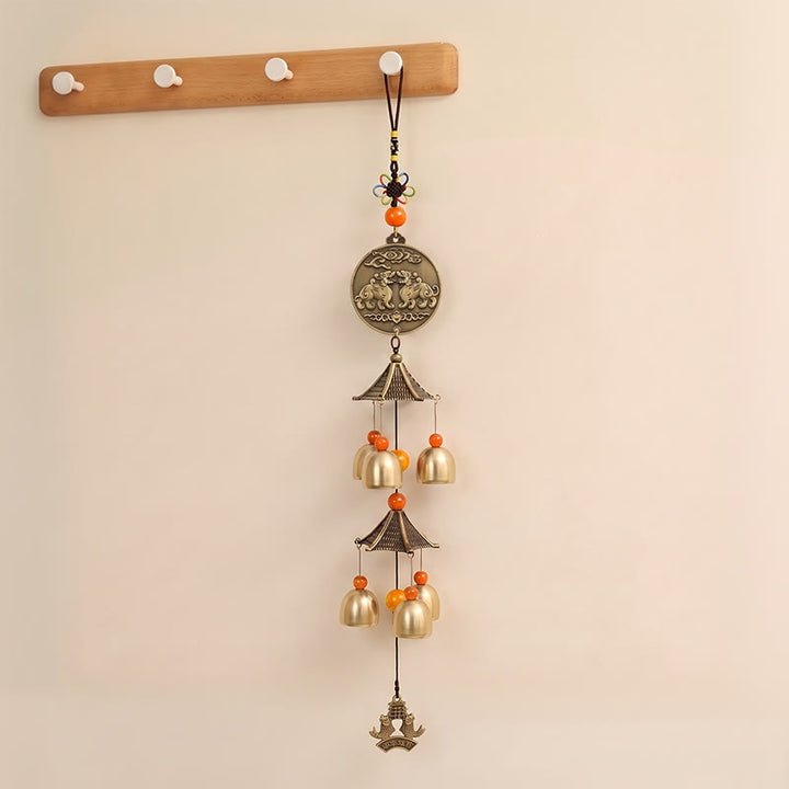 Buddha Stones Two-Tier Solid Copper Pi Xiu Bagua Koi Fish Wealth Bells & Chimes - image 1