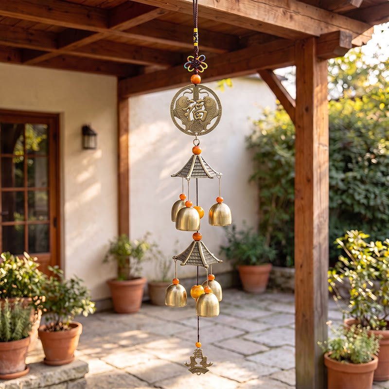 Buddha Stones Two-Tier Solid Copper Pi Xiu Bagua Koi Fish Wealth Bells & Chimes - Koi Fish Fu Character - image 9