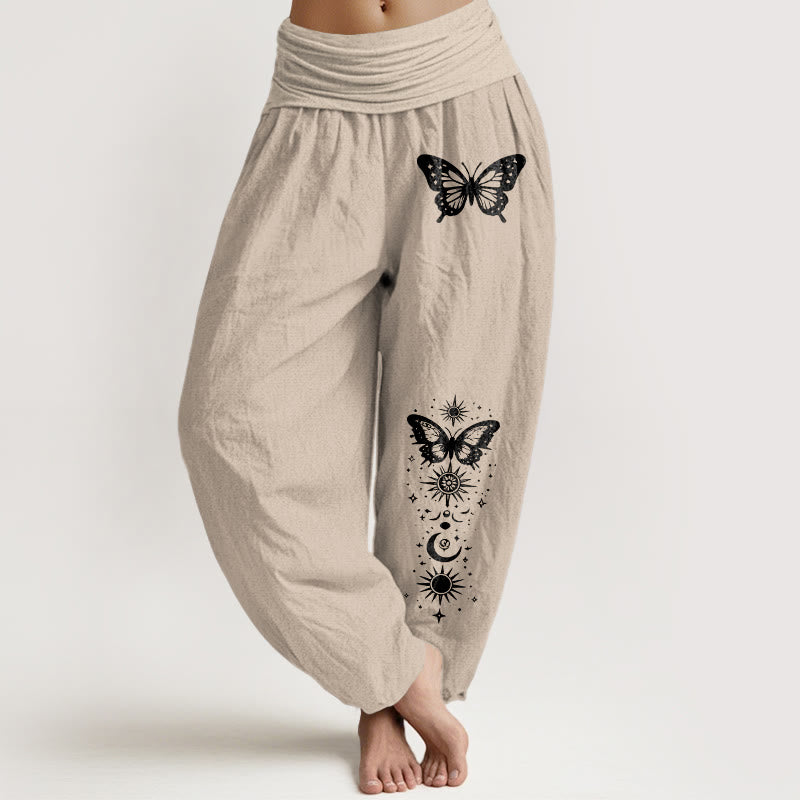 Buddha Stones Pure Cotton Moon Star Butterfly Pattern Women's Elastic Waist Harem Pants - Tan - US16，UK/AU20，EU48 (3XL) - image 14