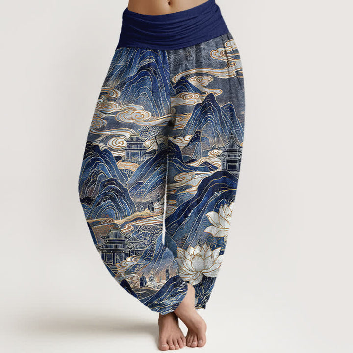 Buddha Stones Cotton Lotus Cloud Pattern Women's Elastic Waist Harem Pants - Navy - US16，UK/AU20，EU48 (3XL) - image 0
