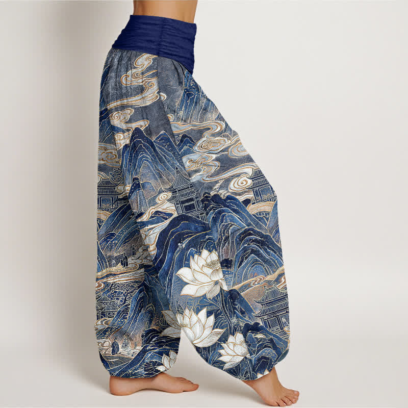Buddha Stones Cotton Lotus Cloud Pattern Women's Elastic Waist Harem Pants - image 2