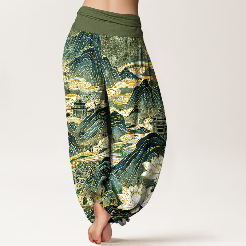Buddha Stones Cotton Lotus Cloud Pattern Women's Elastic Waist Harem Pants - image 6